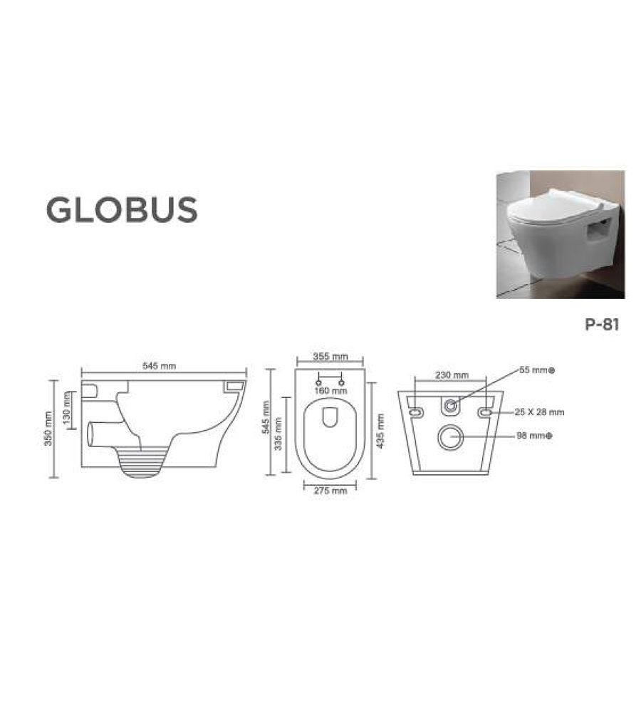 GLOBUS V-9015 | ALASKA-WHITE WITH SLIM SEAT COVER | Wall Hung WC