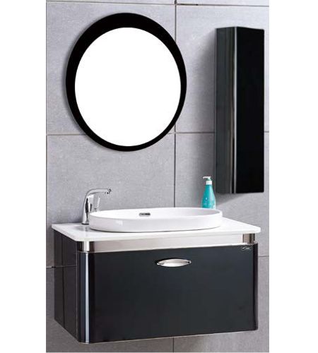 NS-110 Bathroom vanity with artificial stone basin, mirror and side cabinet | wall mounted stainless steel vanity